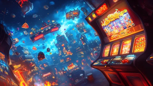 Neon arcade skyline with floating casinos and slot machines.