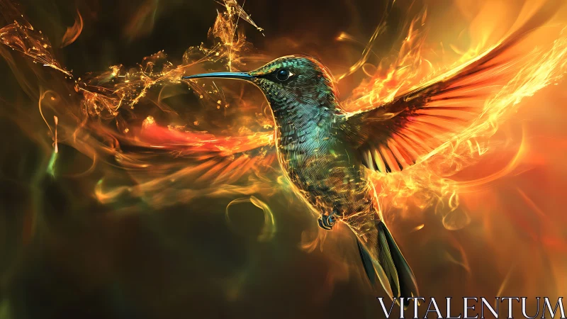 Hummingbird rendered with luminous fiery wing effects in flight