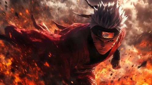 Anime warrior charges through explosive fiery battlefield