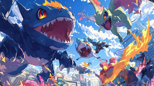 Colossal elemental creatures rampage above a sunlit cityscape.