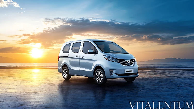 Silver compact van on reflective beach at vivid sunset.
