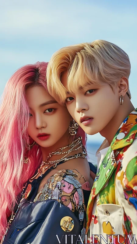 Stylized portrait of two fashion models in vivid clothing.