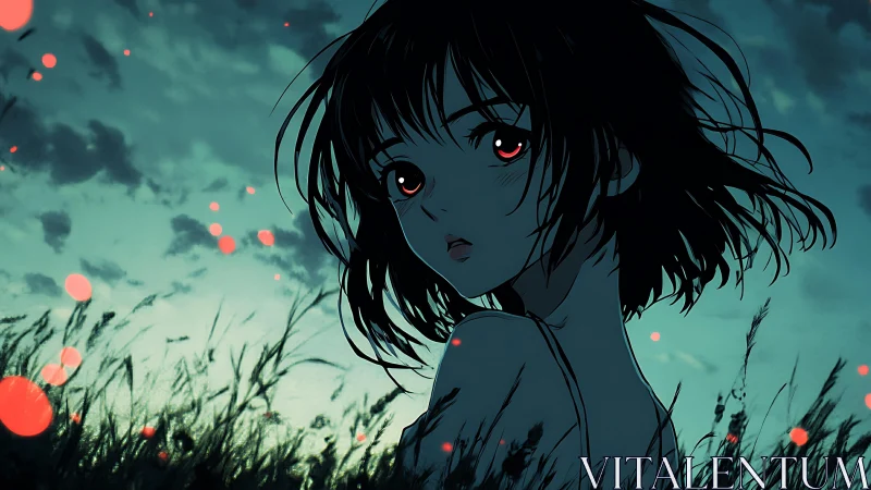 Anime girl in field under teal sky with glowing embers.