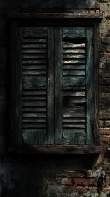 Weathered wooden shutters brood against an aging brick wall