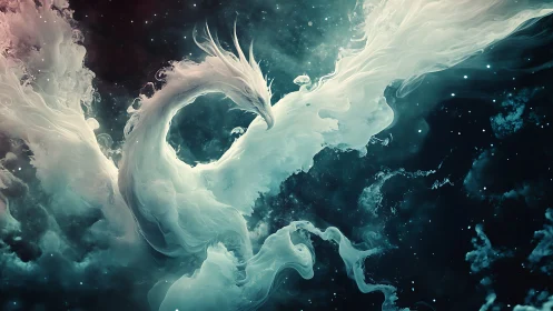 Celestial phoenix rises through swirling nebula clouds.