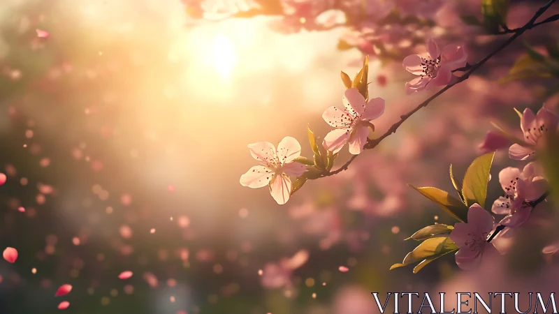 Cherry Blossoms Bathed in Golden Sunlight Glow.