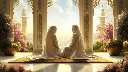 Two women in hijabs sit in ornate palace garden, digital art style.