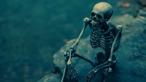 Human-like skeleton model seated on rock near blurred water.