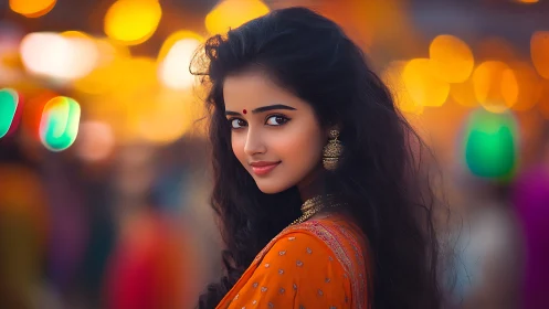 Digital portrait of festive Indian woman in orange saree, bokeh