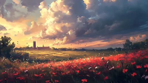 Sunlit poppy fields frame distant cathedral under painted clouds