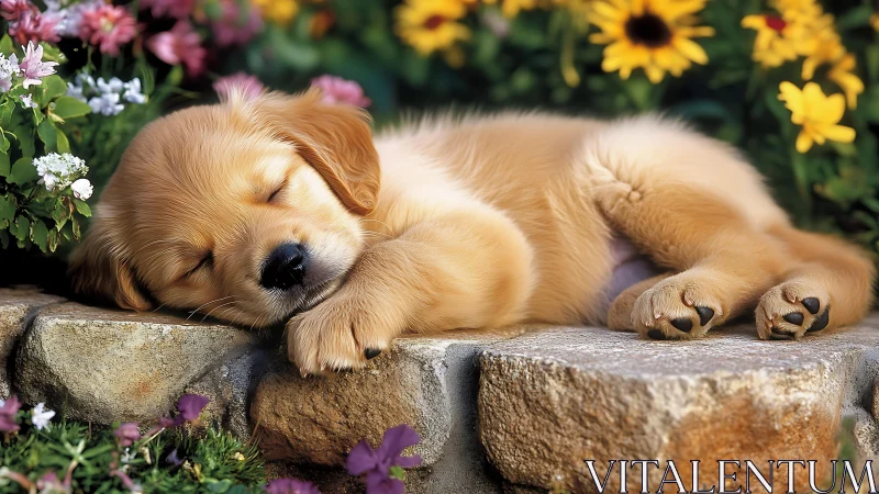 Golden retriever puppy sleeping on garden stone ledge.