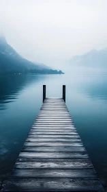 Wooden pier extending into calm misty mountain lake.