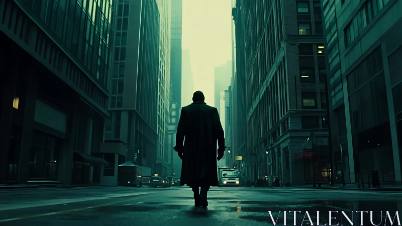 Lone figure walks through cinematic teal city canyon street.