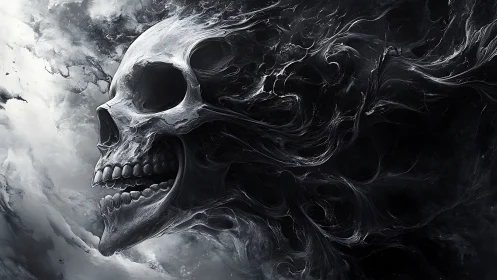 Skull profile dissolving into swirling dark smoke forms.
