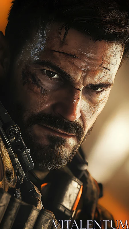 Battle-scarred tactician smirks through the firelight glare.