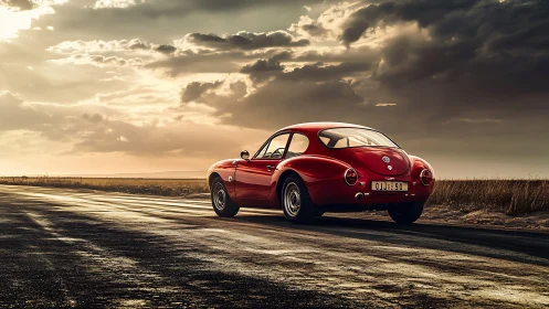 Crimson classic coupe on sunlit coastal highway at dusk.