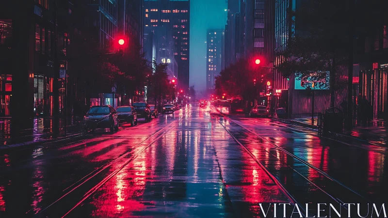 Rain-soaked neon city street with reflective tram tracks at night