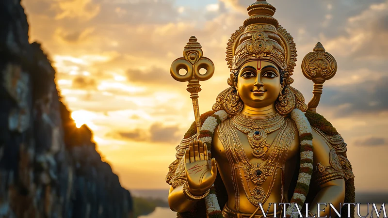 Sunlit golden deity stands serene against blazing cliffs.