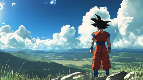Anime warrior overlooks vast green valley and sky.
