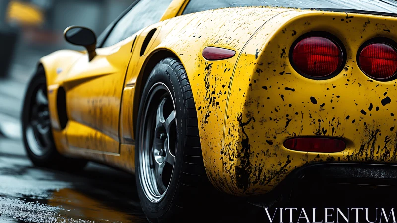 Photorealistic rear three-quarter of mud-splattered yellow sports car.