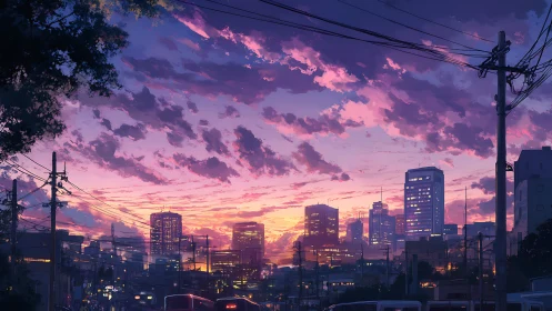 Neon city skyline glows beneath a vivid twilight sky.