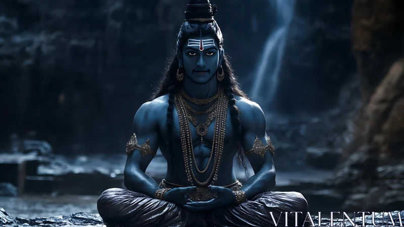 Serene blue yogi in quiet cave sanctuary at twilight.