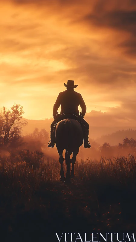 Sunset-swallowed cowboy rides alone into glowing prairie hush