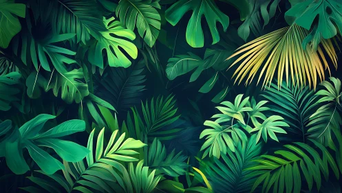 Lush tropical foliage layers form dense emerald jungle wall