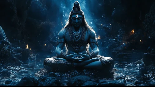 Mystical blue deity meditates in a glowing cavern sanctuary.