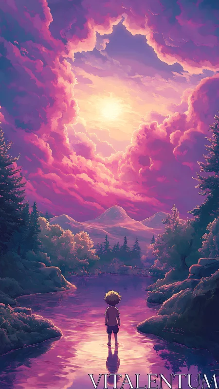 Soft sunset sky opens above a child by a glowing river