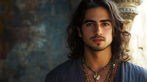 Portrait shows young man with long hair in shallow focus