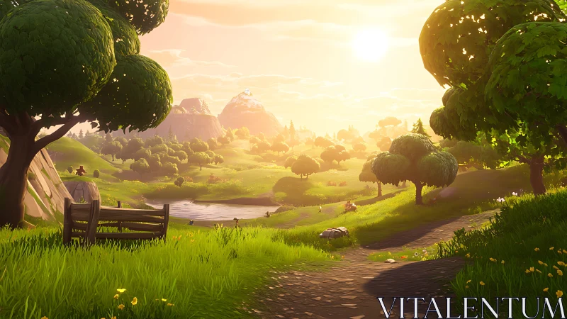 Stylized rural landscape with trees, path and distant hills.