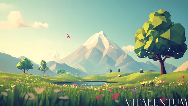 Low poly mountain valley glows under calm spring daylight