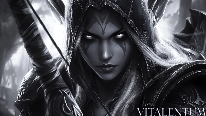 Monochrome elven ranger portrait with glowing eyes and armor.