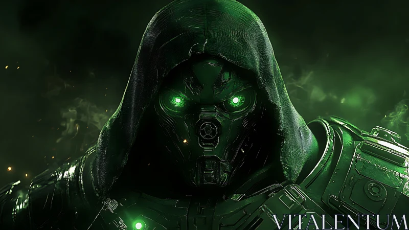 Glowing green cyber warrior gazes forward through swirling mist