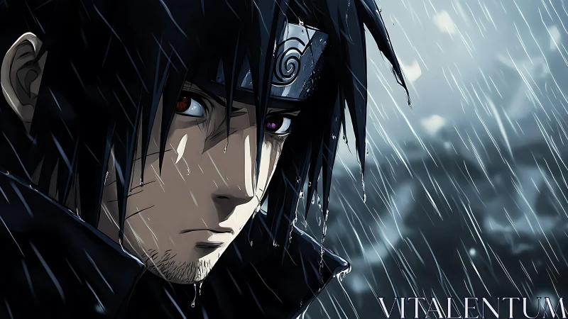 Brooding anime warrior stands in cold rain under dramatic lighting