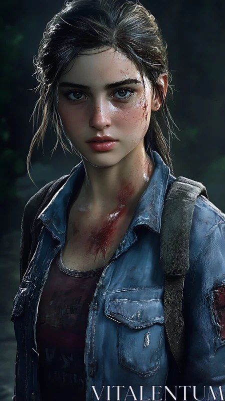 Battle-worn survivor girl in hyperreal post-apocalyptic rain.