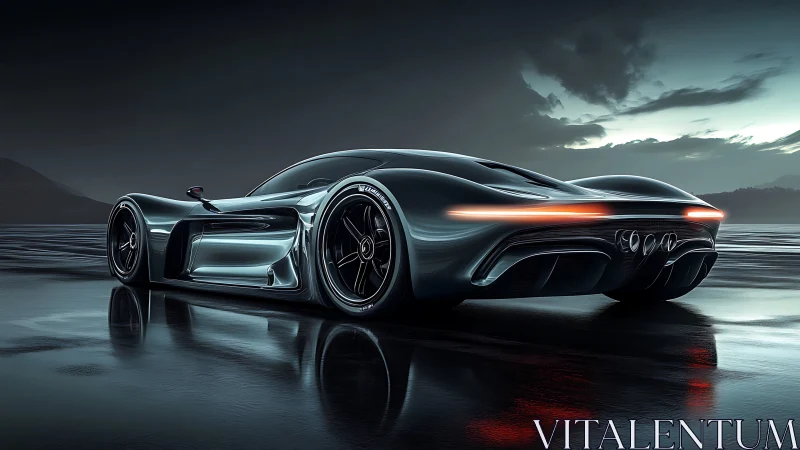 Futuristic hypercar glides across a wet night runway.