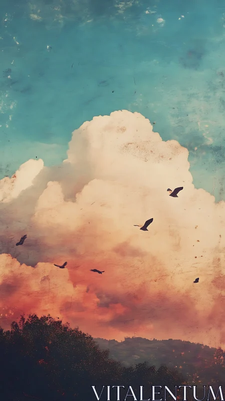 Bird silhouettes cross sunset clouds above dark hillside