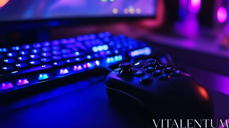 Gaming controller rests before RGB keyboard in neon glow