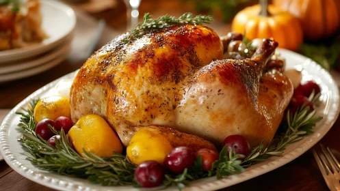 Roasted Chicken with Fall Garnish and Herb Presentation.