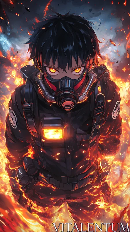 Masked anime soldier stands in flames with glowing eyes