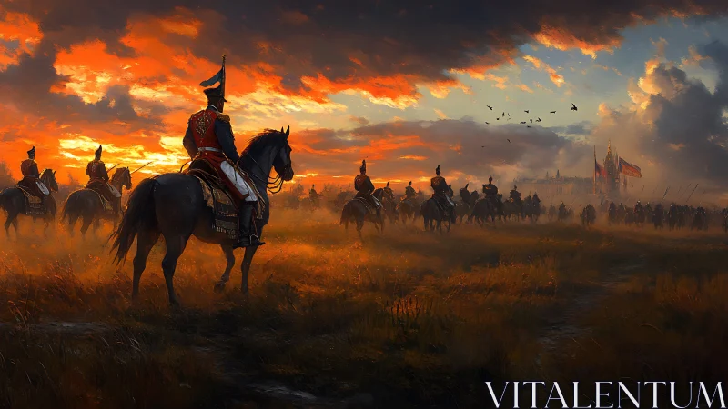 Cavalry officers on horseback approach a distant fortress.