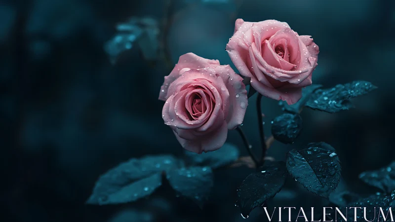 Pink Roses with Dew Drops Against Teal Background.