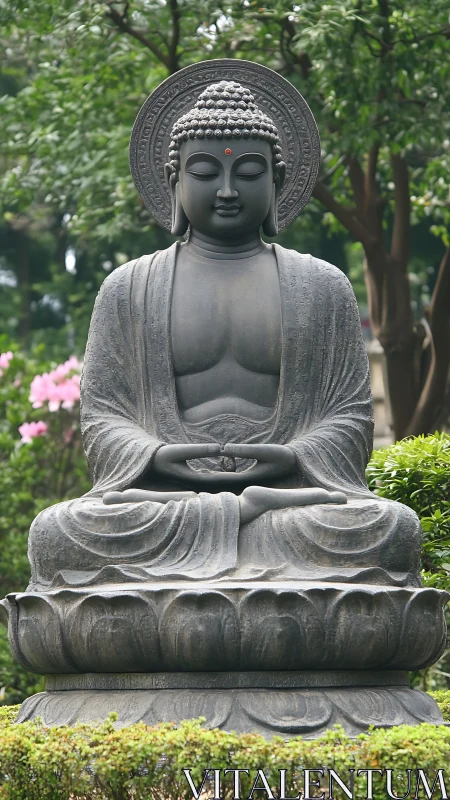 Serene stone Buddha statue seated in lotus garden setting.