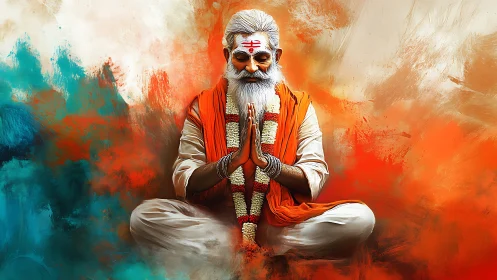 Elderly Hindu ascetic in lotus pose with tricolor abstract aura