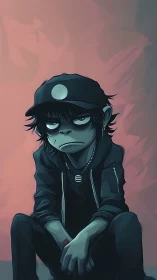 Brooding stylized character in hoodie against muted backdrop.