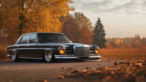 Lowered black classic sedan glows against autumn forest