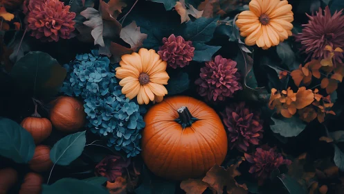 Autumn Still Life Composition with Orange Pumpkin and Blue Hydrangea Flowers