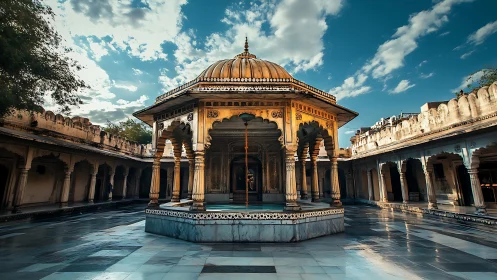Sunlit courtyard pavilion quietly crowns the marble square